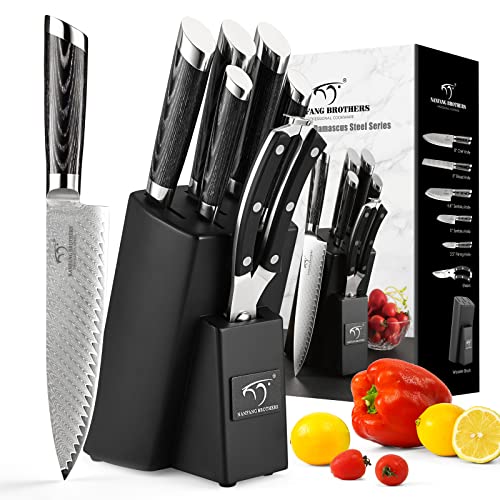 NANFANG BROTHERS Damast-Küchenmesser-Set 7-teilig, VG10 Japanisches Profi-Küchenmesser-Set Damast mit Buchen-Messerblock, Scheren, inklusive stilvoller Geschenkbox von NANFANG BROTHERS