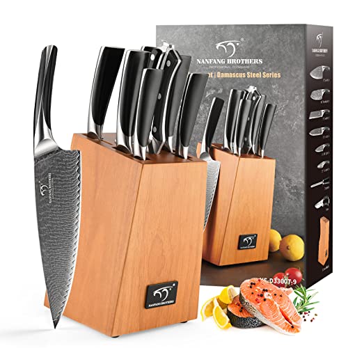 Messerset,9-teiliges Damast-Küchenmesserset mit Block, Messerset für die Küche, Japanisches Messer Set, ergonomischer ABS-Griff für Kochmesserset, Messerschärfer und Küchenschere von NANFANG BROTHERS