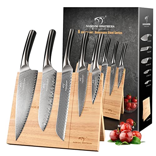 NANFANG BROTHERS Damastmesser Set mit Magnet- Block, 6-Teilig Japanisches Messer Set- VG10-Küchenmesser-Set mit Holz-Magnet-Messerhalterblock Profi Kochmesser mit scharfen Klingen von NANFANG BROTHERS