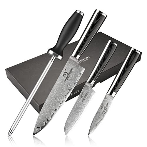 NANFANG BROTHERS Damaszener Küchenmesser Set, 4 Stück 67 Schicht Handgefertigt VG10 Stahlkern Geschmiedet Kochmesser Set- Kochmesser, Santoku Messer, Gemüsemesser, Schärfer mit Premium Box von NANFANG BROTHERS