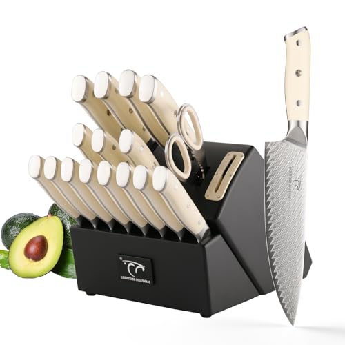 NANFANG BROTHERS Kitchen Knife Set, 19 Stück Damaszener Stahl Steakmesser Set VG10 Professional Knife Set Wooden Base,Damascus Professional Knife Damascus Steel von NANFANG BROTHERS