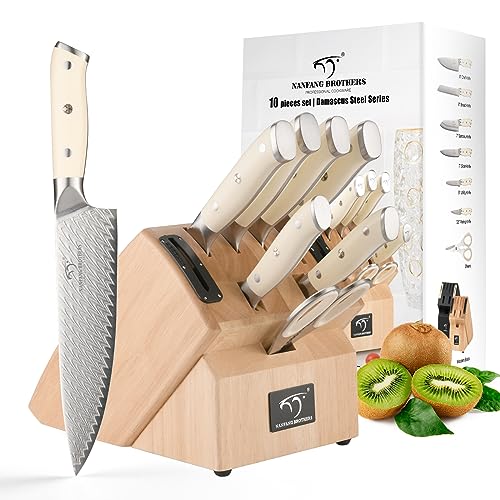 NANFANG BROTHERS Küchenmesser-Set, 10-Teiliges Damaststahl-Kochmesser-Set mit Block, VG10 Profi-Messerset mit Küchenschere, Messerschärfer, Küchenmesser in wunderschöner Geschenkbox von NANFANG BROTHERS