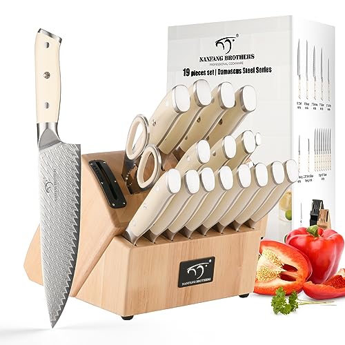 NANFANG BROTHERS Küchenmesser-Set, 19-Teiliges Damaststahl-Steakmesser-Set, VG10 Profi-Messerset mit Block, Messerschärfer und Küchenschere, Küchenmesser mit einer wunderschönen Geschenkbox von NANFANG BROTHERS