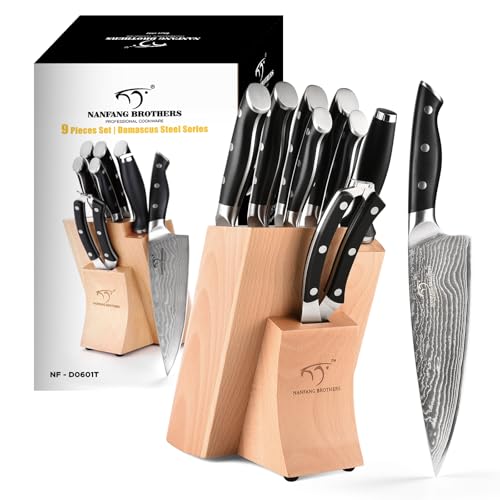 NANFANG BROTHERS Messerset, 9-teiliges Messerblock-Set mit Damaststahl, Küchenmesser-Set zum Schärfen für Kochmesser, Fleischschere, Tranchiergabel, ergonomischer Griff NANFANG BROTHERS Messerset, 9-teiliges Messerblock-Set mit Damaststahl, Küchenmesser-Set zum Schärfen für Kochmesser, Fleischschere, Tranchiergabel, ergonomischer Griff von NANFANG BROTHERS