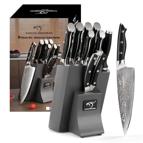 NANFANG BROTHERS Messerset aus Damaststahl mit Block, Küchenmesser-Sets 9-teilig für die Küche mit Block, Küchenmesser zum Hacken, Schneiden, Würfelschneiden, Grau von NANFANG BROTHERS