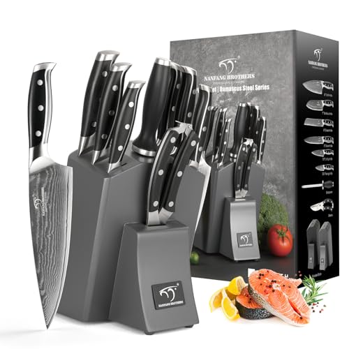 Professionelles Japanisches Damaszener Stahl Küchenmesser Set 9 Teile mit Holzblock, beinhaltet Kochmesser, Brotmesser, Santoku Messer, Allzweck- und Schälmesser, alle in einer Geschenkbox Grau von NANFANG BROTHERS
