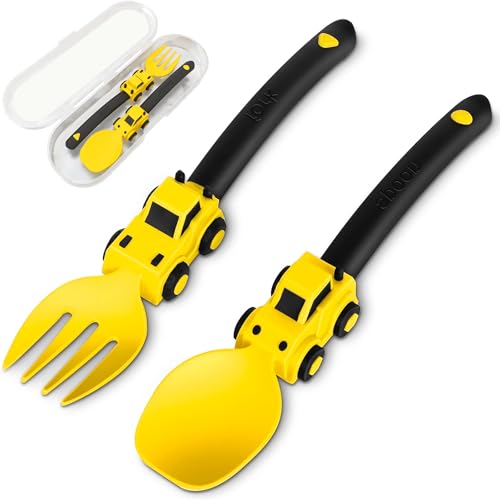 Silikon Baby Besteckset, Baby Besteckset ab 6 Monate, 2-Teiliges Baby LöFfel und Gabel Esslernbesteck, Baby Led Weaning Zubehör, LernlöFfel Baby mit Aufbewahrungsbox (Gelb) von NANHONG