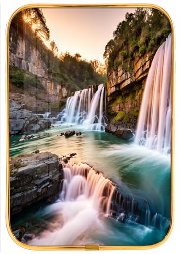 NANVIER Gerahmter Wasserfall und Bach in der tropischen Waldlandschaft, Naturbilder, Kunstwerk, zeitgenössische Wandkunst mit goldenem Rahmen für Restaurant, Kristallporzellanmalerei, Wanddekoration von NANVIER