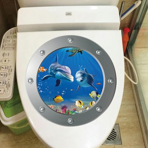NANZU 28 * 28 cm 3 stücke 3D Delphin Unterwasser Welt Oval Wc-Sitz Aufkleber Für Deckel Meer Selbst-Kleber wc Deckel Aufkleber Lustig von NANZU