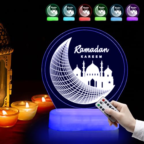 NAOLIU Ramadan LED Lampe, Mubarak Ramadan LED Lampe,3D 6 Farben Ramadan Farbwechsellampe mit Fernbedienung, LED Ramadan Dekoration Licht, Muslimische Das Schloss Hintergrund Nachtlicht von NAOLIU