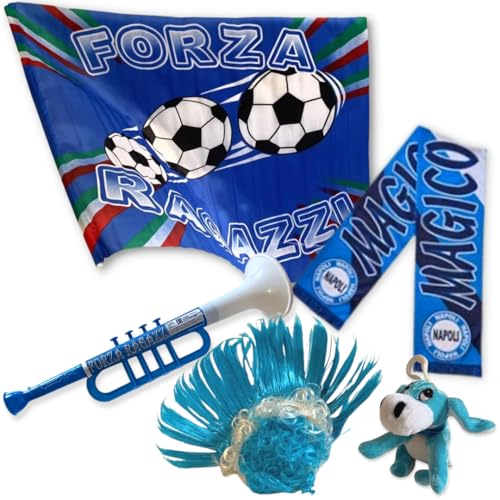 Kit Forza Napoli Zauberschal Neapel + Napoli-Flagge + Perücke mit Kamm des Neapels Weiß und Blau + Blasstadion Trompete "Forza Ragazzi" + Plüschtier Esel Tremolino von NARAMAKI