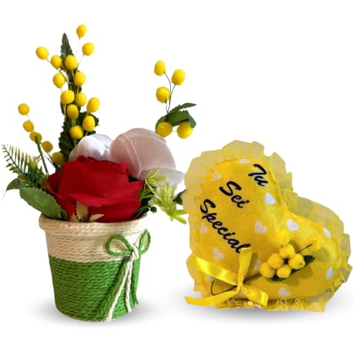 NARAMAKI Frauentag 2024 – Vase mit Kunstblumen und Mimose + Herzkissen mit Mimose – Heimdekoration – Geschenk für Frauen von NARAMAKI
