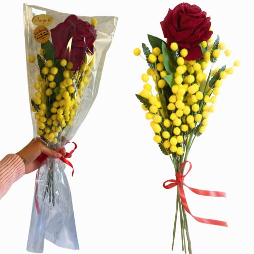 Göttin Geschenk zum Muttertag 2025 – 1 Blumenstrauß Mimosen mit Samtrose – Ewige Rose mit blühendem Samt und langem Stiel + künstliche Mimosen von NARAMAKI