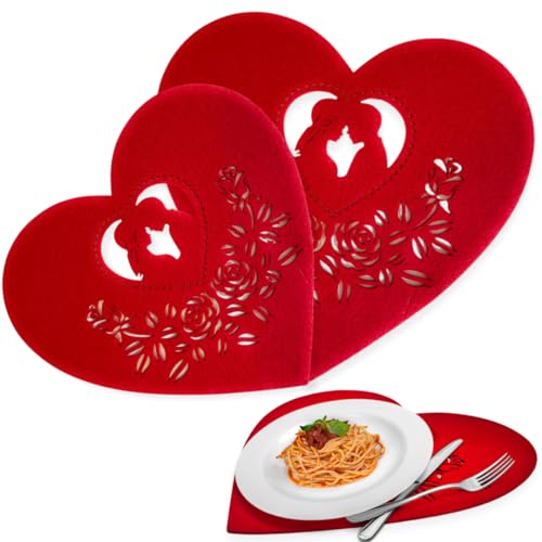 Herz Tischsets Rot für die Küche - Set 2 Tischsets in Herzform aus Filz Muttertag 2025 - Ideal Für Frühstück / Abendessen - Romantische Dekoration von NARAMAKI