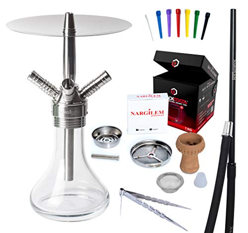 Nargilem Set NPS miQro Shisha, Kristallglas, V2A Edelstahl Badcha, BLACKCOCO's 1 Kg Shishakohle, Aluminium, 50 Hygiene Mundstücke, Tabaksieb, Gummidichtung, Kohlezange, Kaminkopfset von Nargilem