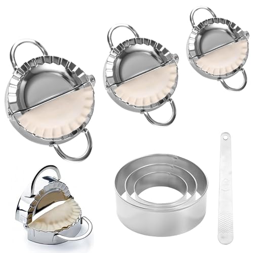 NAROSEBE 7 Stück Ravioli Former Edelstahl Ravioli Dumpling Maker Former Raviolirad Ausstecher Set Rund Dumpling Cutter Teigtaschenformer Ravioliformer Set Mit Holzgriff für Dumpling machen von NAROSEBE