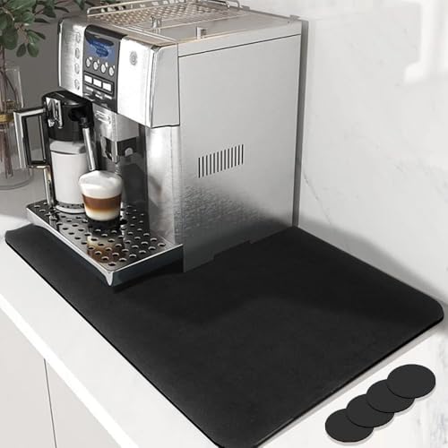 NAROSEBE Kaffeemaschine Abtropfmatte Schwarz, Saugstarke Trockenmatte, 40x50cm Kaffeemaschine Matte Unterlage, Absorbierende Saugfähige Abtropfmatte mit 4 Untersetzer Spülmatte für die Küche Bad Theke von NAROSEBE