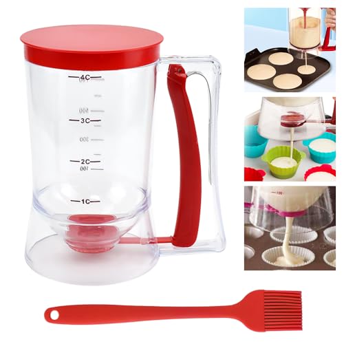 NAROSEBE Teigspender Teigportionierer 900ml Pfannkuchen Teigspender Kuchenspender Pfannkuchenteigspender Waffeleisen Teigspender Dosierer Messbecher Portionierer Teig Spender mit Deckel Bürste von NAROSEBE