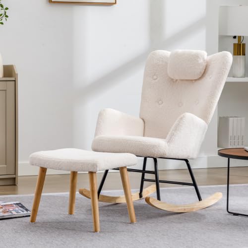 NASERY Ergonomischer weißer Schaukelstuhl mit Kopfstütze und Fußstütze, Stabiler Gummiholzrahmen, Schaukelstuhl mit Bügeln, Loungesessel für Wohnzimmer, Schlafzimmer, Belastbarkeit bis 110 kg von NASERY