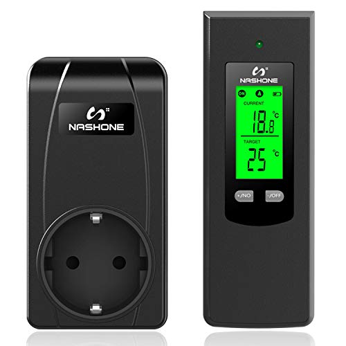 NASHONE Wireless Thermostat Steckdose Digitaler Temperaturregler mit Heizung- und Kühlmodus. Fernbedienung mit Temperatursensor und Memory-Funktion LCD-Display mit Hintergrundbeleuchtung (Schwarz) von NASHONE