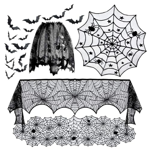 5pcs Halloween Dekor schwarze Spitzen -Tischdecke mit 16pcs Fledermaus/Web 5pcs Halloween Dekor schwarze Spitzen -Tischdecke mit 16pcs Fledermaus/Web von NASSMOSSE