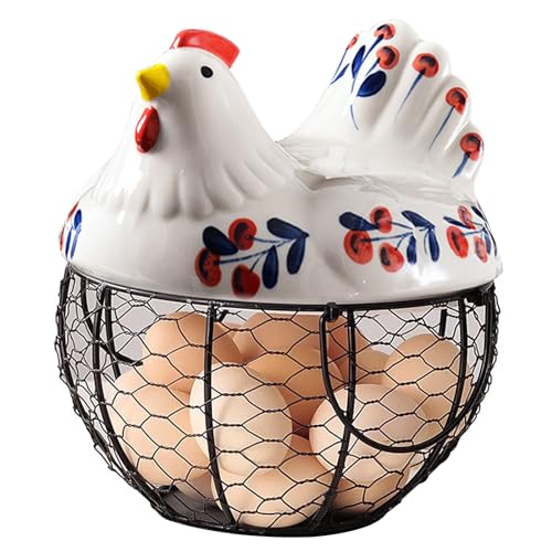 Keramik-Hühnereihalter, Hohldraht-Eierkorb mit Deckel, Rutsch-Arbeitsplatten-Eierspeicher mit Griff von NASSMOSSE