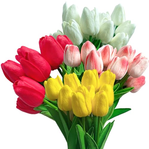 Künstliche Tulpen, 24 Stück, realistische künstliche Tulpen, 31 cm, Seidentulpen, künstliche Blumen mit Stielen für Hochzeit, Ostern, Frühling, Muttertag, Dekoration, 4 Farben von NASSMOSSE