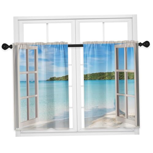 NASSMOSSE 2pcs Ozeanvorhänge, 26 x 45 Zoll Polyesterfaser Strandvorhänge mit Stangentasche für Badezimmer Küchenfenster von NASSMOSSE