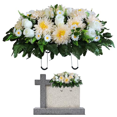 NASSMOSSE Friedhofsblumen für Grab, künstliche Grabblumen, realistische Friedhofsblumen, Grabblumen mit Sattel, Seide, Chrysantheme, 64 x 47 cm, Gedenkdekoration, Friedhofsblumen, Champagner von NASSMOSSE