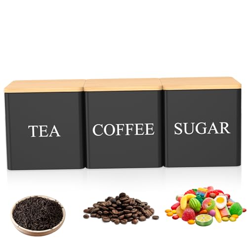 NASSMOSSE Kaffee Tee Zucker Kanister Set Metal 3, 4 ″ Schwarz mit Holzdeckel Stapelbarer Behälter Home Office von NASSMOSSE