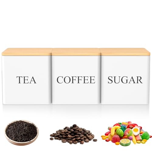 NASSMOSSE Kaffee Tee Zucker Kanister Set Metal 3, 4 ″ Weiß mit Holz Deckel Stapelbarer Behälter Home Office NASSMOSSE Kaffee Tee Zucker Kanister Set Metal 3, 4 ″ Weiß mit Holz Deckel Stapelbarer Behälter Home Office von NASSMOSSE