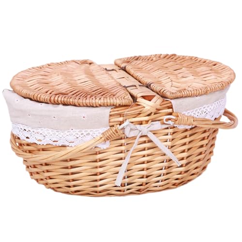 NASSMOSSE Picknickkorb großer Korbkorb mit doppelten Klappgriffen und Deckel leerer Korbkorb mit abnehmbarem Liner Rustikal gewebt von NASSMOSSE