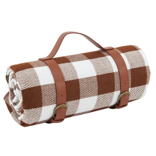 NASSMOSSE wasserdichte Picknickdecke mit Tragegriff, Mehrzweck-Stranddecke für Reisen und Camping, 149 x 200 cm, Braun-Weiß kariert von NASSMOSSE