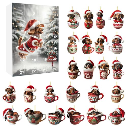 Weihnachts-Adventskalender: 24-tägiger Weihnachts-Countdown-Kalender mit Hundeanhänger und süßem Acryl-Dackel in einer Tasse zum Aufhängen. Eine Überraschung für Tierliebhaber. Stil 2 von NASSMOSSE