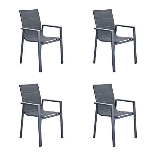 NATERIAL - 4er Set Gartenstühle Orion Gamma II mit Armlehnen - 4 Gartensessel - Stapelbar - Terrassenstühle - Essstühle - Aluminium - Textilene - Dunkelgrau von NATERIAL