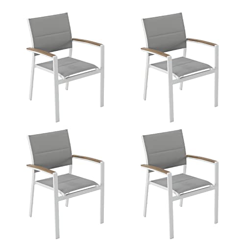 NATERIAL - 4er Set Gartenstühle SAN Diego mit Armlehnen - 4 x Gartensessel - Stapelbar - Aluminium - Textilene - Weiß - Eukalyptus - Terrassenstühle - Essstühle von NATERIAL