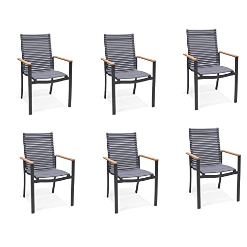 NATERIAL - 6er Set Gartenstühle Dora mit Armlehnen - Gartensessel - Stapelbar - Recycelter Kunststoff - Aluminium - Eukalyptusholz - Dunkelgrau von NATERIAL