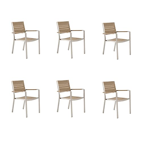 NATERIAL - 6er Set Gartenstühle Menorca mit Armlehnen - 6 Gartensessel - Stapelbar - gebürstetes Aluminium - Terrassenstühle - Essstühle - Synthetisches Holz - Beige und Grau von NATERIAL
