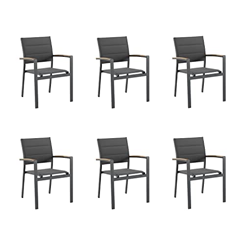 NATERIAL - 6er Set Gartenstühle SAN Diego mit Armlehnen - 6 x Gartensessel - Stapelbar - Aluminium - Textilene - Dunkelgrau - Eukalyptus - Terrassenstühle - Essstühle von NATERIAL