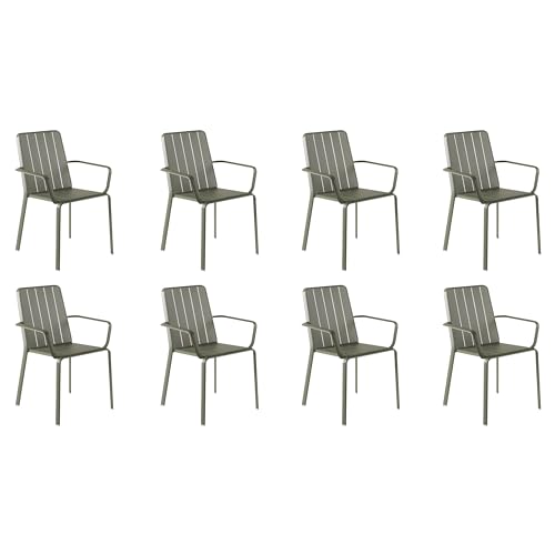 NATERIAL - 8er Set Gartenstühle Idaho mit Armlehnen - 8 x Gartenstuhl - Gartensessel - Stapelbar - Stapelstuhl - Aluminium - Dunkelgrün von NATERIAL
