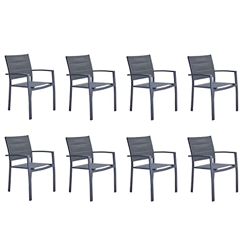NATERIAL - 8er Set Gartenstühle Orion BETA II mit Armlehnen - Gartensessel - Stapelbar - Terrassenstühle - Essstühle - Aluminium - Textilene - Dunkelgrau von NATERIAL