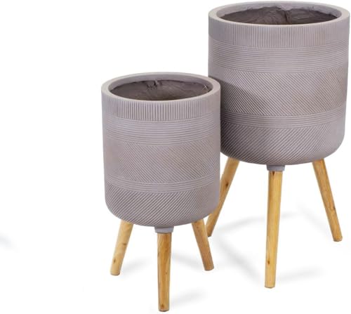 NATINDESIGN Blumentopf mit Beinen 2er Set Ø 33,5 & 27cm XL Blumentopf Grau Gross für In- und Outdoor Palmentopf XXL Übertopf Holz Fuesse Pflanzkübel Groß Außen & Innen (2er Set) von NATINDESIGN
