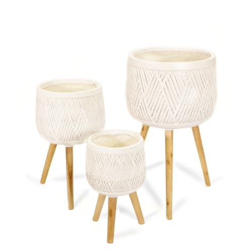 NATINDESIGN Blumentopf mit Beinen Vintage Weiß 3er Set | In- und Outdoor | Blumentopf mit Füßen Weiß | Echtholz Beine und Fibreclay Blumenkübel (3er Set) von NATINDESIGN