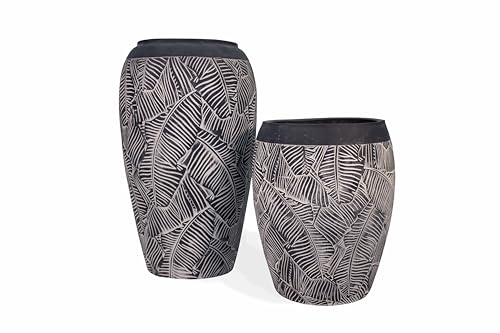 NATINDESIGN Bodenvase Groß 2er Set Schwarz Weiß Blattmuster 70cm Ø28-35cm & 48cm Ø27-34cm | XXL Vase Rund mit Loch für In- und Outdoor | Fiberglas Pflanzvase Hoch Bodenvasen XXL | Außen Innen Vasen von NATINDESIGN