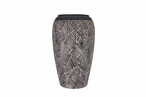 NATINDESIGN Bodenvase Groß Schwarz Weiß Blattmuster 70cm Ø28-35cm | XXL Vase Rund mit Loch für In- und Outdoor | Fiberglas Pflanzvase Hoch Bodenvasen XXL | Außen Innen Vasen Groß Pflanzkübel von NATINDESIGN