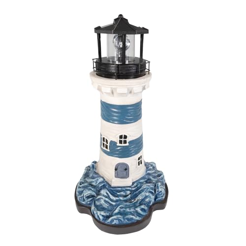 NATIV LEMODO Gartendeko Blauer Leuchtturm mit rotierendem Leuchtfeuer | Handbemalte Gartenfigur mit Solarleuchte | Maritime Außendeko mit LED Beleuchtung | 43 cm hoch von NATIV