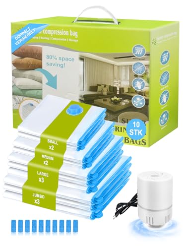 NATNAV Vakuumbeutel für Kleidung mit Elektrischer Luftpumpe, 10 Stück (3 Jumbo 100x80cm &3 Groß 80x60cm &2 x Mittel 70x50cm &2 Kleine 60x40cm), Durchsichtig für Reisen, Kissen Bettdecken Aufbewahrung von NATNAV
