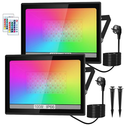 NATPOW LED Strahler Außen, 100W RGB Strahler mit Fernbedienung, LED Fluter Flutlichtstrahler Farbwechsel Scheinwerfer mit 16 Farben 4 Modi, IP66 Wasserdicht Flutlicht für Gärten, Innenhöfe(2 pack) von NATPOW