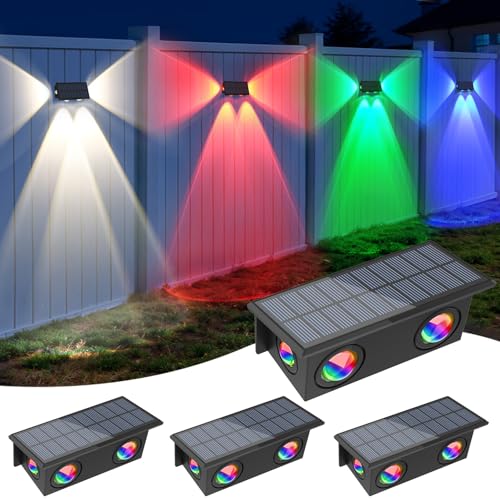 NATPOW Solar Wandleuchte Aussen RGB, 7 Farben Solar Wand Beleuchtung mit 4 LEDs, Auto ON/OFF Farbwechselnde Zaunleuchte LED, IP65 Wasserdicht Solarlampen für Zaun, Wand, Garten, Pfad, 4 Stück von NATPOW
