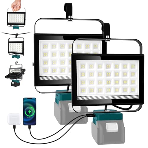 NATPOW Akku Lampe Für Makita 100W (Kein Akku), 2 Stück 6500LM Led Arbeitsleuchte, 2 Modi Baustrahler Akku Ultra Helle, Tragbarer Strahler mit Typ C und USB-Aufladung Für Baustellen Autoreparaturen von NATPOW